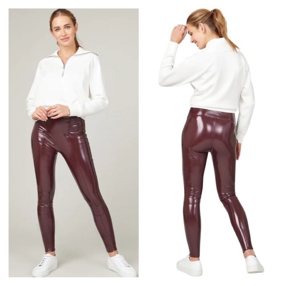 SPANX SPANXshape Faux Patent Leather Vegan Leggings Ruby Red Petite - Picture 7 of 16